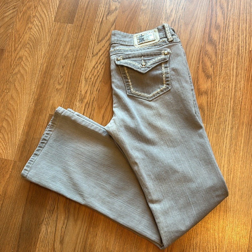 Clash Jeans light gray boot cut low rise distressed jeans. Size 11.